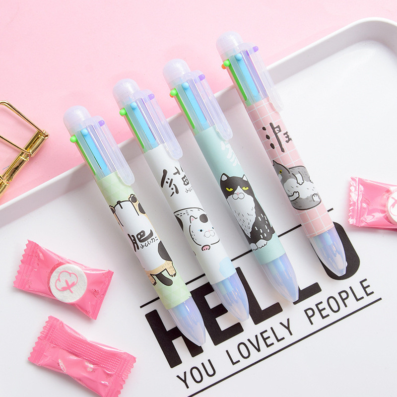 1 buc. Pix cu minge 6 în 1 cu pisică de desene animate, 0,5 mm, noutate creativă, pixuri multicolore, papetărie școlare, cadou pentru copii, rechizite de birou