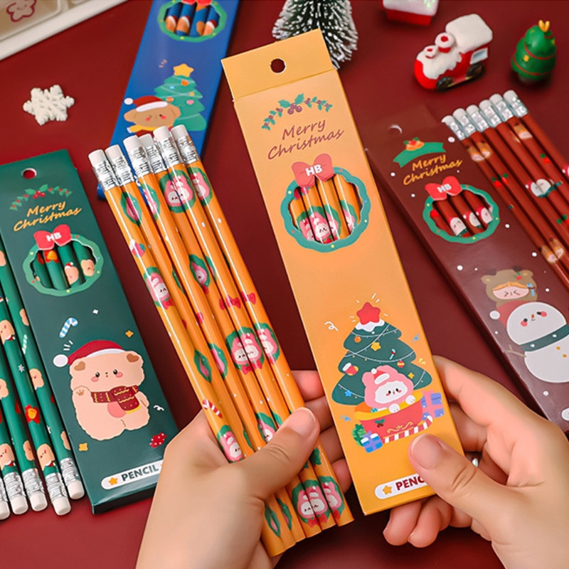 83XC Paket od 6 prijenosnih HB olovaka s malim gumicama Kutija za djecu koja pišu, skiciraju, crtaju, potrepštine za božićnu zabavu