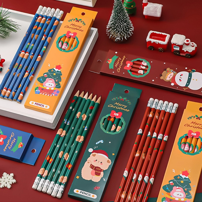 83XC Paket od 6 prijenosnih HB olovaka s malim gumicama Kutija za djecu koja pišu, skiciraju, crtaju, potrepštine za božićnu zabavu