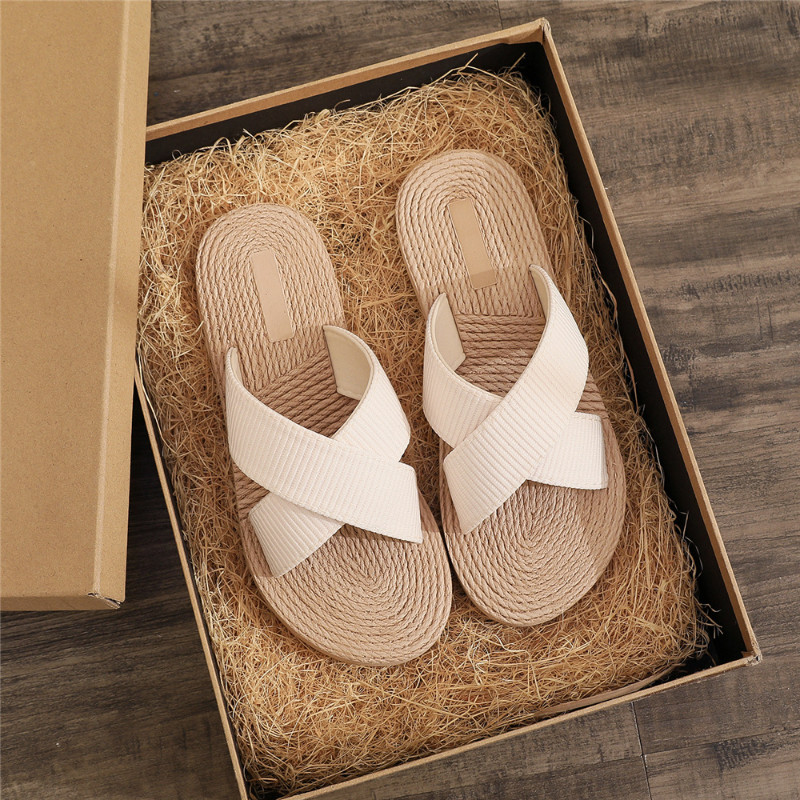 Minimalistički Cross Band Ženske sandale s toboganima za plažu Konop od konoplje Tobogani Espadrile Japanke Cipele s dvije slamnate trake
