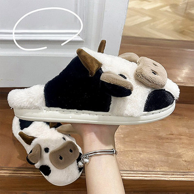 Νέα αναβάθμιση χαριτωμένη παντόφλα ζώων για γυναίκες κορίτσια Kawaii χνουδωτά χειμωνιάτικα ζεστά παντόφλες Γυναικεία κινούμενα σχέδια Γάλα αγελάδας σπίτι παντόφλες αστεία παπούτσια