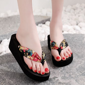 Flip-flops Femei Pantofi cu platformă florală retro Pantofi din satin Pantofi de plajă Pantofi de plajă pentru femei noi, papuci de casă ușori de modă Zapatos Mujer
