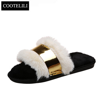 COOTELILI 2023 Нови модни чехли Дамски зимни топли обувки за жени с плюшен плосък ток Черен основен размер 36-41