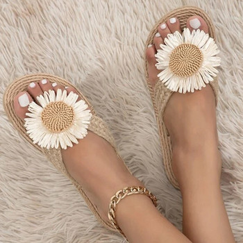 2023 Нови ленени джапанки с декор на цветя Модни дамски пързалки Плосък ток Външни плажни летни дамски чехли Дамски обувки