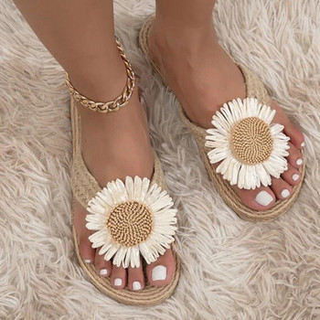 2023 Нови ленени джапанки с декор на цветя Модни дамски пързалки Плосък ток Външни плажни летни дамски чехли Дамски обувки