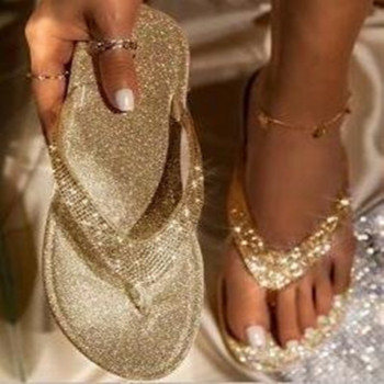 Дамски джапанки, чехли, пързалки, блестящи дамски обувки с кристали, ежедневни летни плоски дамски кристални блестящи женски големи размери 2023