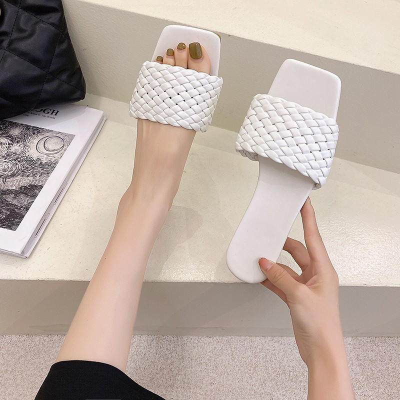 Ženske crvene sandale Temperament Pleteni šarm Ravne papuče s otvorenim prstima Bijele sandale za plažu za odmor Ležerne ženske cipele s četvrtastim prstima