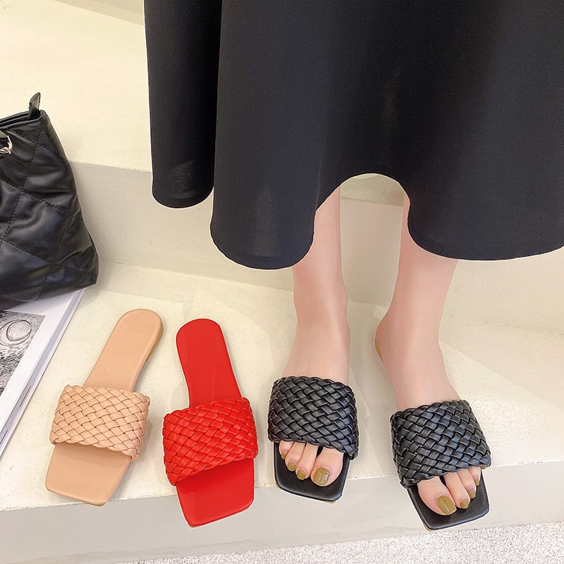 Ženske crvene sandale Temperament Pleteni šarm Ravne papuče s otvorenim prstima Bijele sandale za plažu za odmor Ležerne ženske cipele s četvrtastim prstima