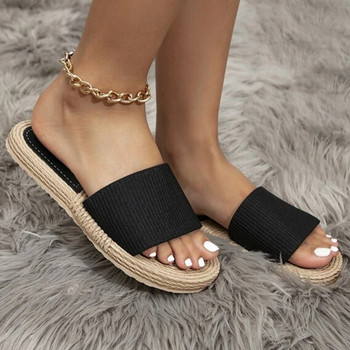 2023 Плажни Дамски чехли от изкуствен лен Плосък ток Външни летни леки плъзгачи Шиене на кръстосана каишка Дамски обувки Дамски сандали