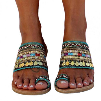 Стилни дамски джапанки Модерни сандали с пискюли Бохемски плетени горни джапанки с пръстен с щипка