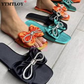 Ženske papuče s četvrtastim prstima, svileni leptir s čvorom od kristala, velike ženske ravne papuče, elegantne jednobojne ženske ljetne cipele, modno novo