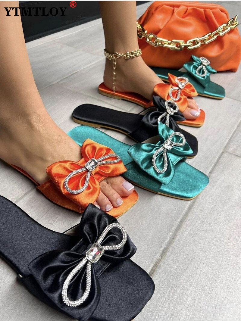Ženske papuče s četvrtastim prstima, svileni leptir s čvorom od kristala, velike ženske ravne papuče, elegantne jednobojne ženske ljetne cipele, modno novo