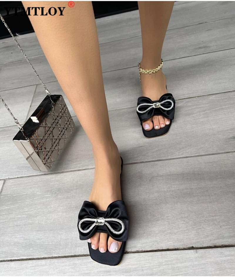 Ženske papuče s četvrtastim prstima, svileni leptir s čvorom od kristala, velike ženske ravne papuče, elegantne jednobojne ženske ljetne cipele, modno novo
