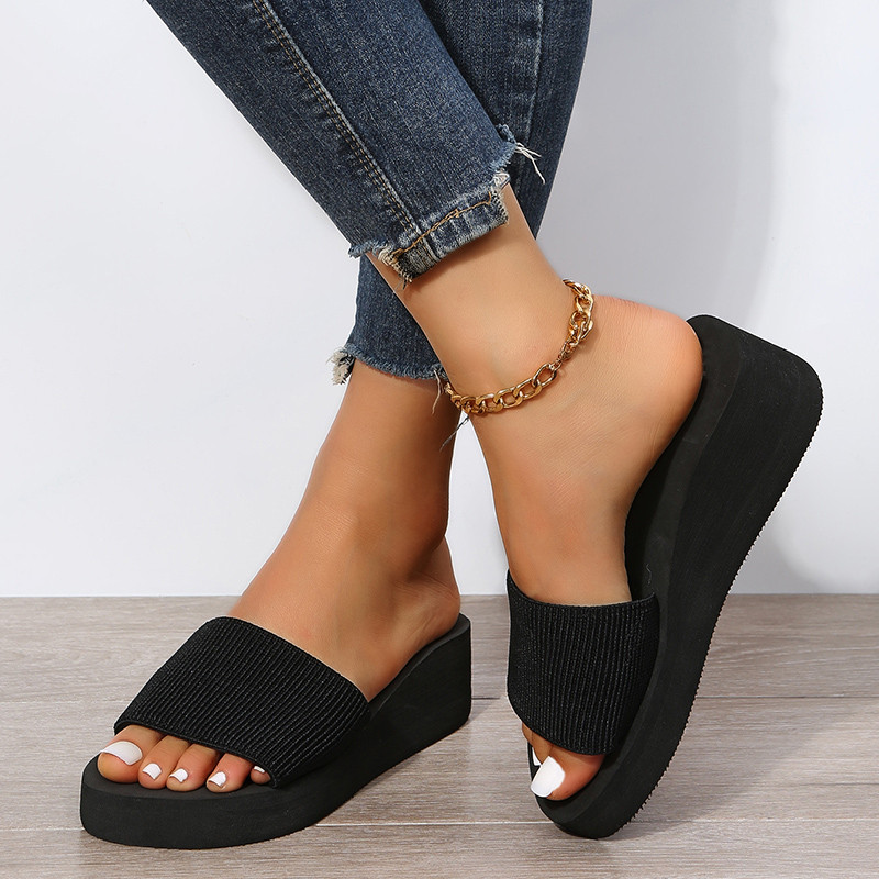 Kötött ék alakú női papucs 2023 nyári vaskos platform éksarkú szandál női könnyű vastag talpú strandcipő