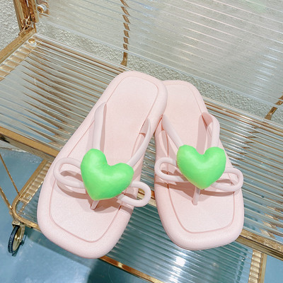 Modne sažete ljetne ženske papuče Love Heart Ravni mekani potplat Četvrtasti prsti Indoor Home Beach Ženske tobogane Cipele Japanke 2022.