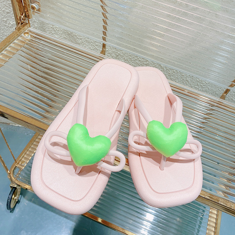 Modne sažete ljetne ženske papuče Love Heart Ravni mekani potplat Četvrtasti prsti Indoor Home Beach Ženske tobogane Cipele Japanke 2022.