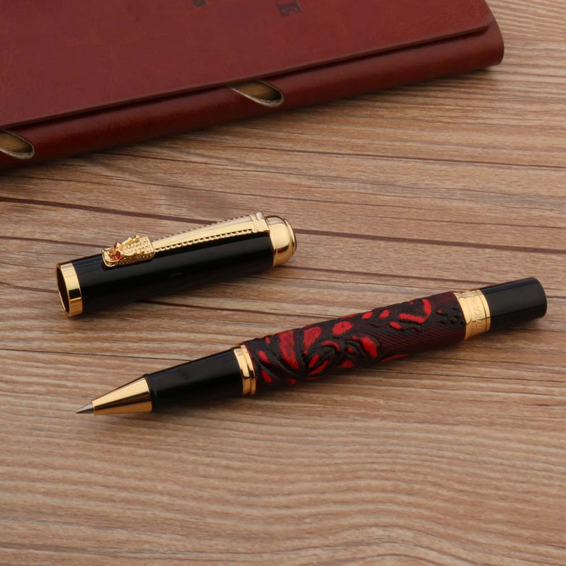 Luxus borvörös görgős toll, arany sárkánykapocs, 0,5 mm-es fekete toll, iskolai diák irodai ajándékok, írószerek