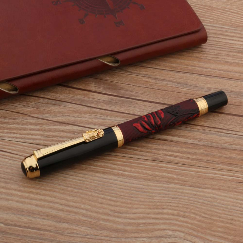 Luxus borvörös görgős toll, arany sárkánykapocs, 0,5 mm-es fekete toll, iskolai diák irodai ajándékok, írószerek
