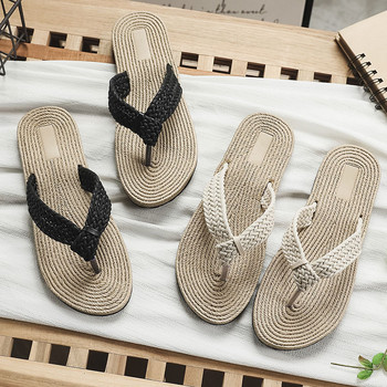 Летни джапанки за жени Модни плетени сандали с конопено дъно Вътрешни джапанки на открито Плажни плоски пързалки Дамски сламени обувки