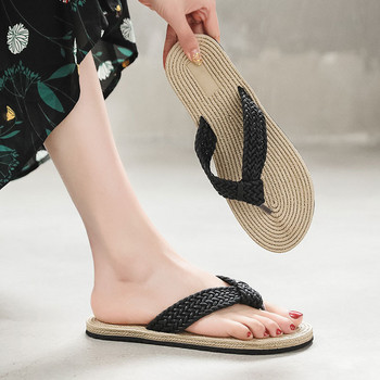 Летни джапанки за жени Модни плетени сандали с конопено дъно Вътрешни джапанки на открито Плажни плоски пързалки Дамски сламени обувки