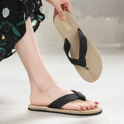 Flip-flops de vară pentru femei Sandale cu fund din cânepă țesut la modă Pantofi de paie pentru interior pentru exterior Pantofi plat de plajă