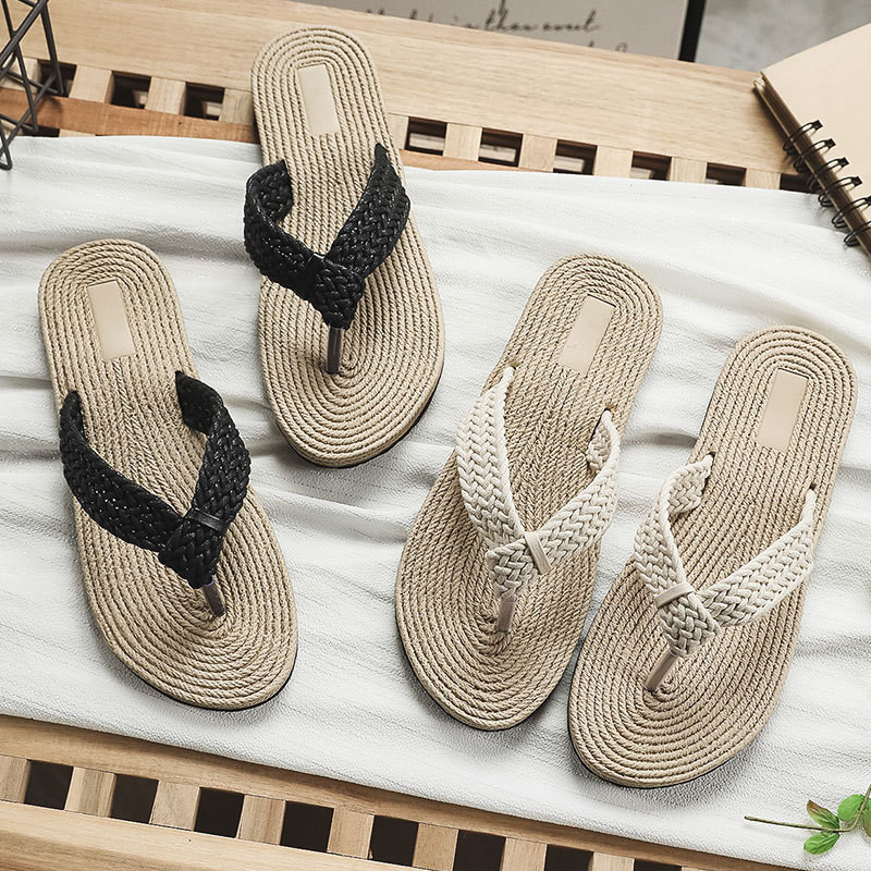Flip-flops de vară pentru femei Sandale cu fund din cânepă țesut la modă Pantofi de paie pentru interior pentru exterior Pantofi plat de plajă