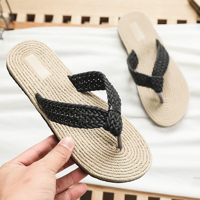 Flip-flops de vară pentru femei Sandale cu fund din cânepă țesut la modă Pantofi de paie pentru interior pentru exterior Pantofi plat de plajă