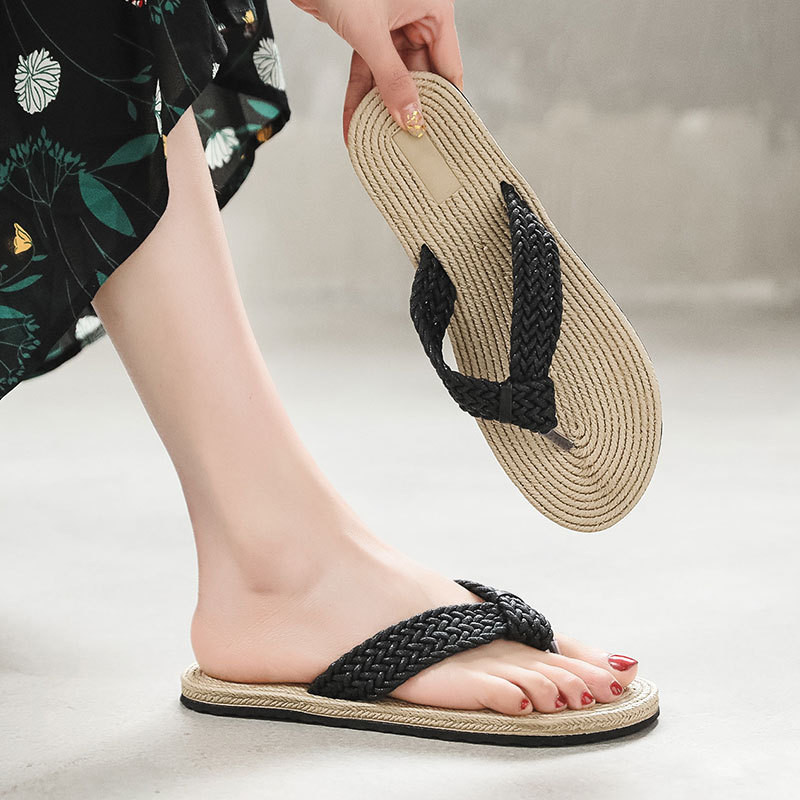 Flip-flops de vară pentru femei Sandale cu fund din cânepă țesut la modă Pantofi de paie pentru interior pentru exterior Pantofi plat de plajă
