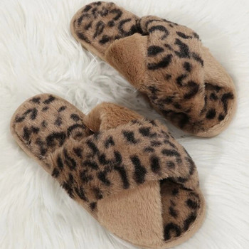Зимни дамски домашни чехли Секси леопардов принт с изкуствена козина Модни топли обувки Дамски пантофки Дамски пързалки Домашни пухкави чехли