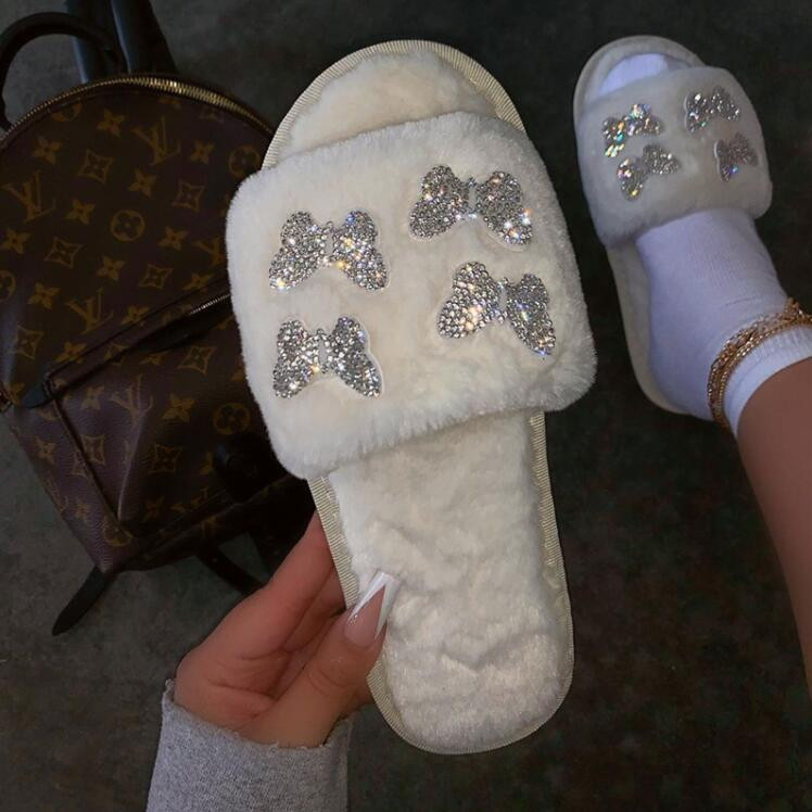 ženske nove japanke s leptir lisičjim krznom od kamenčića ravnog dna neklizajuće svestrane kućne izdržljive sandale ležerna modna papuča