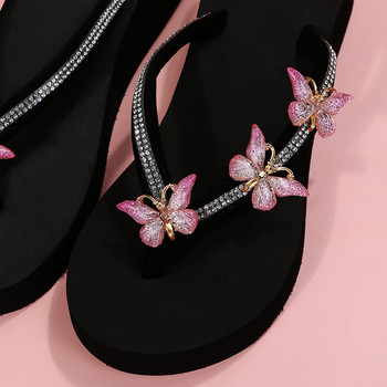 Чехли на танкетка Кристални Дамски обувки Летни сандали 2023 Нови Рим Високи токчета Джапанки с пеперуда на платформа Дамски плажни пързалки