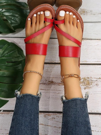 Летни едноцветни плоски сандали Модни външни чехли с отворени пръсти Ежедневни плажни дамски обувки Голям размер Zapatos De Mujer Пързалки