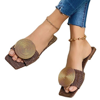 2023 Дамски летни плоски сандали Големи размери Кръгла катарама Плътни плоски дамски ежедневни чехли Дамски дамски модни плажни обувки