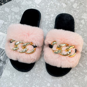 Modni dizajn lanaca Ležerne vanjske cipele od pliša Ravno dno od vještačkih dijamanata Plišane papuče Ženske ženske cipele Papuče