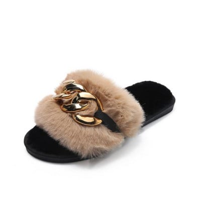 Modni dizajn lanaca Ležerne vanjske cipele od pliša Ravno dno od vještačkih dijamanata Plišane papuče Ženske ženske cipele Papuče