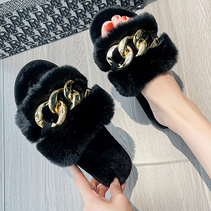 Modni dizajn lanaca Ležerne vanjske cipele od pliša Ravno dno od vještačkih dijamanata Plišane papuče Ženske ženske cipele Papuče