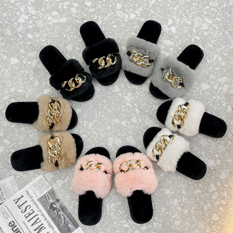 Modni dizajn lanaca Ležerne vanjske cipele od pliša Ravno dno od vještačkih dijamanata Plišane papuče Ženske ženske cipele Papuče
