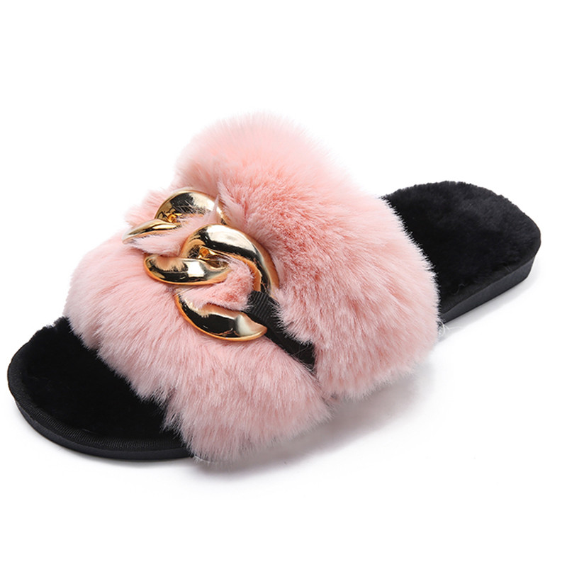 Modni dizajn lanaca Ležerne vanjske cipele od pliša Ravno dno od vještačkih dijamanata Plišane papuče Ženske ženske cipele Papuče