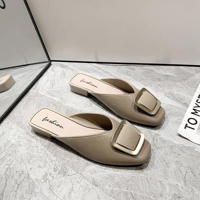 Nyári Baotou félpapucsok, női viselet, négyszögletes csat, laza divat, francia, lapos alsó szandál és papucs dagálycipő