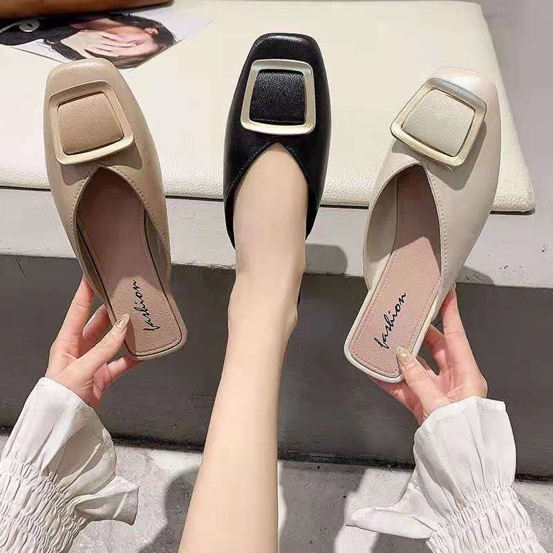 Nyári Baotou félpapucsok, női viselet, négyszögletes csat, laza divat, francia, lapos alsó szandál és papucs dagálycipő