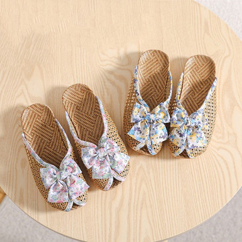 Suihyung ленени пързалки за момичета 2023 г. Нови летни дамски домашни обувки Дишащи ленени чехли Голям флорален лък Сандали с отворени пръсти