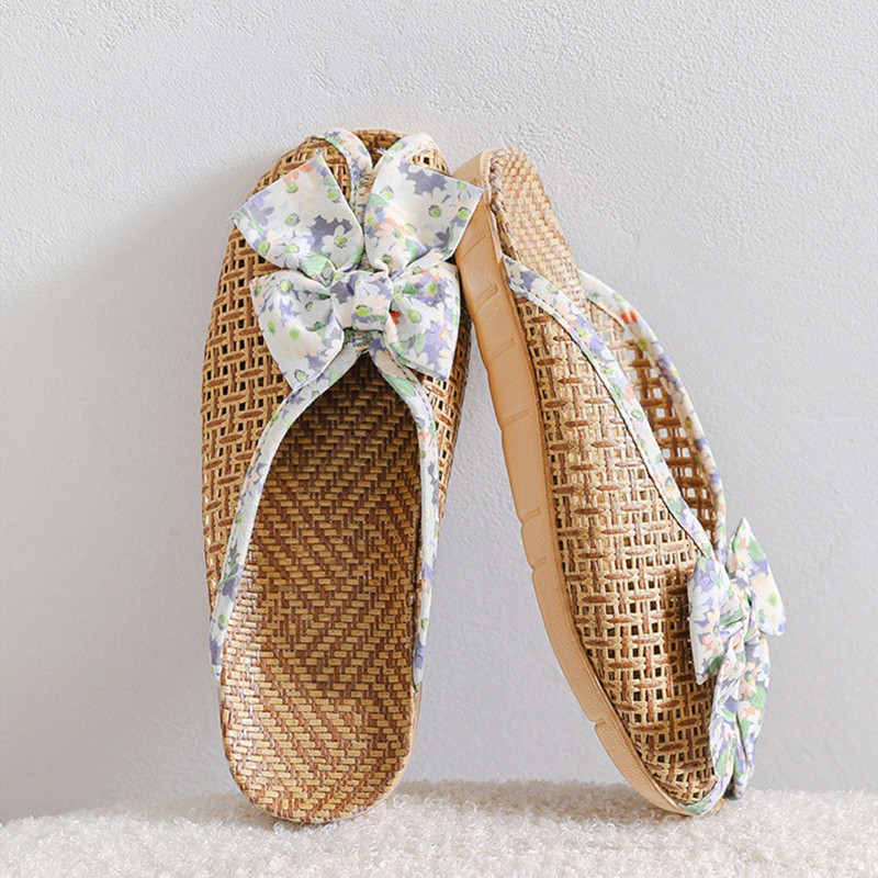 Suihyung Linen Weave Slides για κορίτσια 2023 Νέα καλοκαιρινά γυναικεία παπούτσια για το σπίτι Αναπνέουσες παντόφλες λινάρι Μεγάλα φλοράλ πέδιλα με φιόγκο Peep Toe