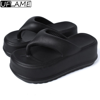 UFLAME 2023 Нови летни равни чехли Дамски обувки от кожа Черни бели джапанки с дебела подметка Ежедневни комфортни пързалки Дамски обувки