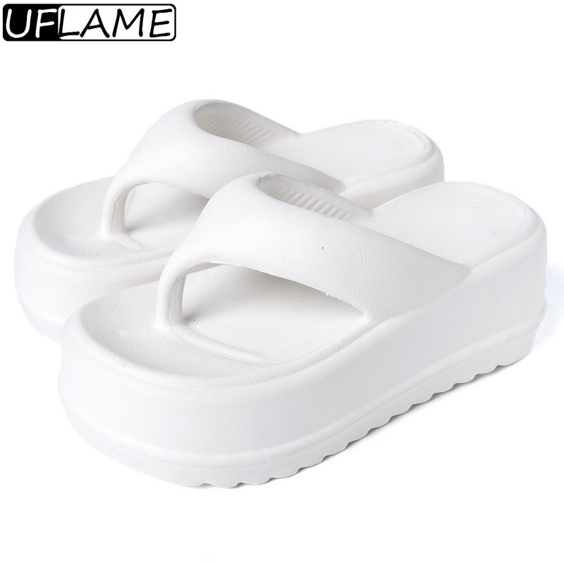 UFLAME 2023 Нови летни равни чехли Дамски обувки от кожа Черни бели джапанки с дебела подметка Ежедневни комфортни пързалки Дамски обувки