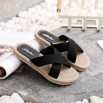 Модни плажни чехли от изкуствена тръстика Дамски обувки с плосък ток Външни летни пързалки Платнени шевни кръстосани каишки Дамски обувки Дамски сандали