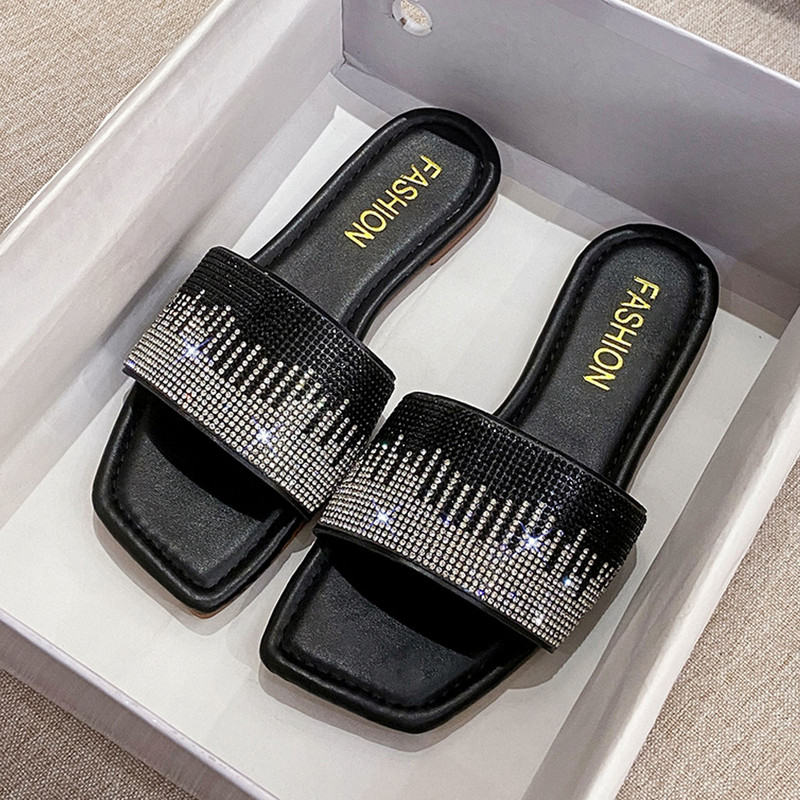Ljeto Ženske papuče sa šarenim kamenčićima Elegantna vanjska odjeća Sandale Ležerne ravne japanke s kristalnim četvrtastim prstima za uredske dame