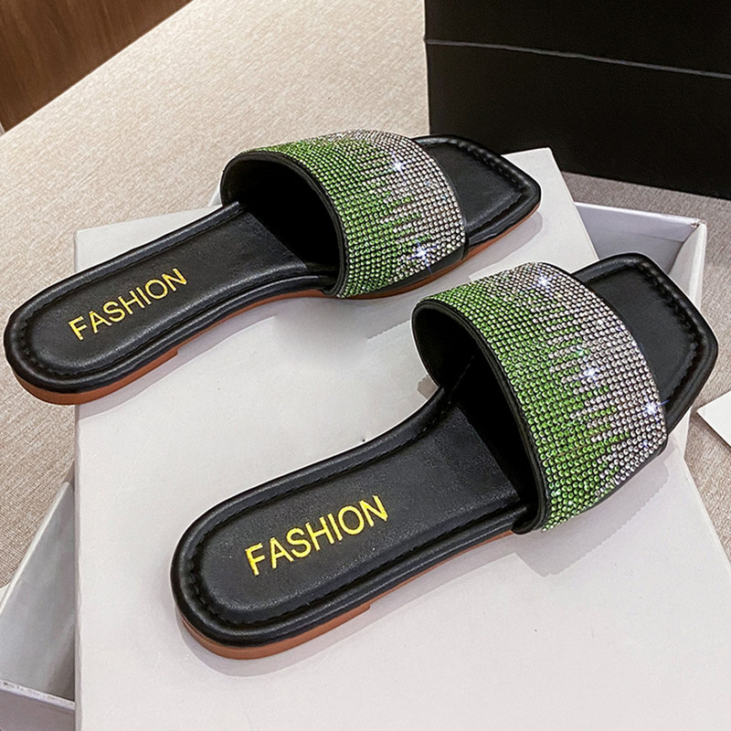 Ljeto Ženske papuče sa šarenim kamenčićima Elegantna vanjska odjeća Sandale Ležerne ravne japanke s kristalnim četvrtastim prstima za uredske dame