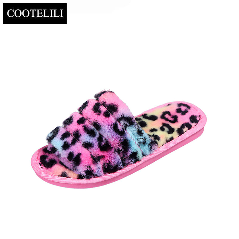 COOTELILI New Fashion Home Šlepetės Žieminiai Batai Moterims Šlepetės Šiltos Šlepetės Plokščios Spalvingos Leopard Print Dydis 36-41