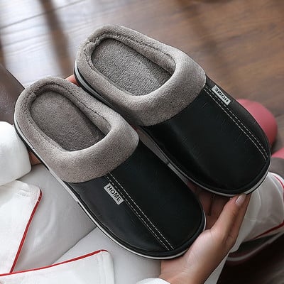 Pu bőr papucsok Női és Férfi Háztartási Vízálló Vastag Talp Téli Meleg Bolyhos Szőrme Papucsok Beltéri Pároknak csúszásmentes csúszdák