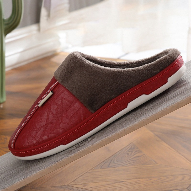 Pu bőr papucsok Női és Férfi Háztartási Vízálló Vastag Talp Téli Meleg Bolyhos Szőrme Papucsok Beltéri Pároknak csúszásmentes csúszdák